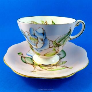 Handpainted Blue Magnolia On Pale Peach Foley Tea Cup And Saucer Set