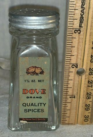 Antique Franks Tea Spice Dove Brand Celery Salt Glass Shaker Tin Lid Cincinnati