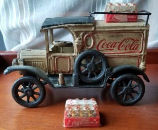 Vintage Antique Die Cast Metal Ford Coca - Cola Truck Red & Yellow Bottle Carriers