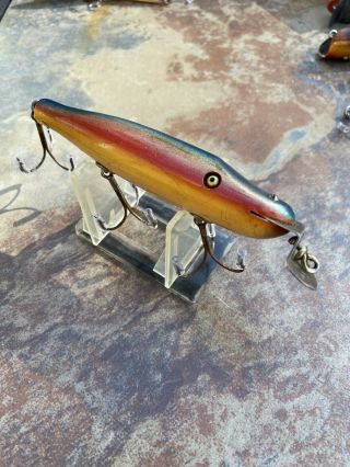 Awesome Vintage Creek Chub Pike Fishing Lure In Rainbow Color Wood & Glass Eyes