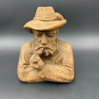 Vintage Black Forest German Man Smoking Pipe Carved Wooden Bust Figurine