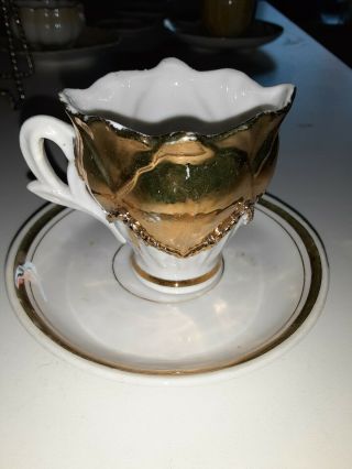 Antique Miniature 2.  5 " Tea Cup & Saucer White & Gold China Mini Set Vgc