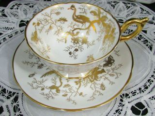 Coalport Cairo Bird Butterfly White & Gold Gilt Wide Tea Cup And Saucer
