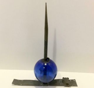 Vtg Lightning Rod Stand With Dark Cobalt Blue Glass Ball Globe