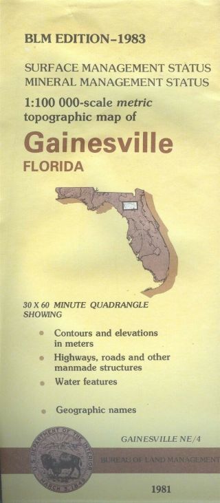 Usgs Blm Edition Topographic Map Florida Gainesville Ne/4 1983 - Mineral - 100k