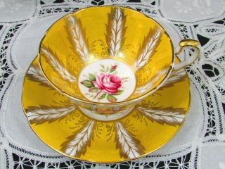 Paragon Pink Rose Intricate Gold Designs Yellow Wide Tea Cup And Saucer