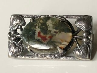 Antique Art Nouveau Sterling Silver And Moss Agate Floral Brooch Pin 6.  92g