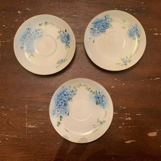 3 Vintage German Porcelain Hand Painted Blue & White Forget Me Flower Saucer