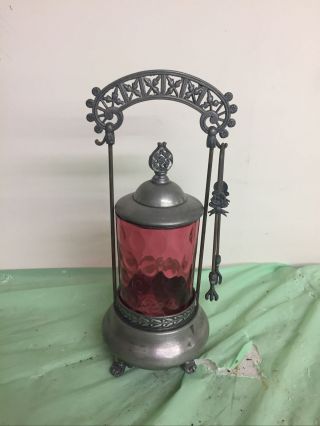 Vintage Cranberry Glass Cruet With Tongs
