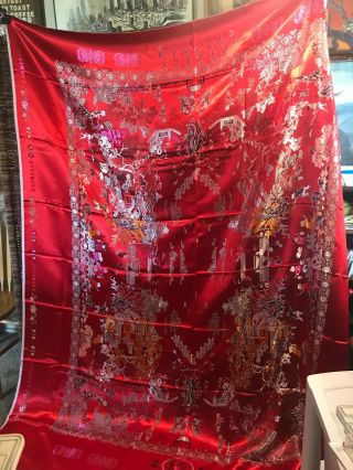Vintage Chinese Red 100 Silk Embroidery Signed Floral Fabric Tapestry 84 " :nwt