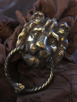 Antique Vintage Brass Large Lion Head Door Knocker With Lion On Striker English