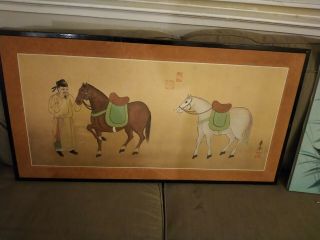 Antique Chinese Painting On Silk Man With Horses
