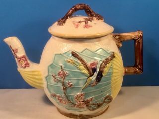 Rare Antique English Majolica Teapot,  Bird Butterfly Flowers On Fan C1871