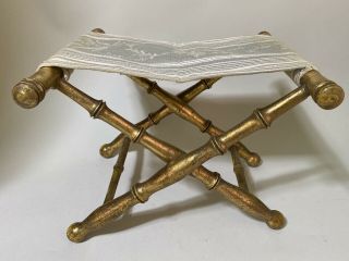 Vintage Gilded Wood Folding Stand Bench Table Fabric Seat