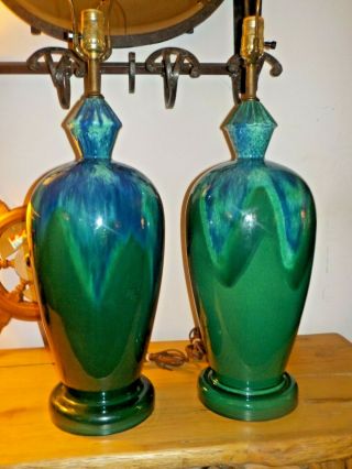 Rare Pair Mid - Century Modern Blue Green Tall Drip Glaze Table Lamps Royal Haeger