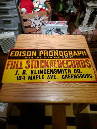 Vtg 1910s Edison Phonographs Tin Metal Sign - Greensburg Pa Wow Rare
