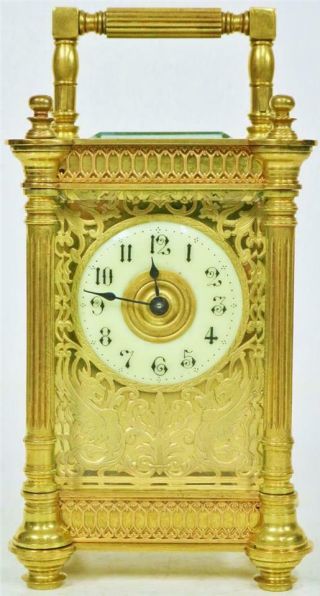 Rare Antique French Brass & Bevelled Glass Filigree 8 Day Carriage Clock