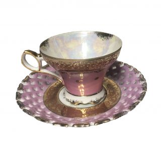 Lipper & Mann Royal Halsey Very Fine Tea Cup & Saucer Pink Gold Trim Waffle