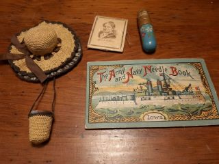 Vintage Antique Sewing Kit Hat Pin Cushion W/ Thimble And Case Army Navy Needles