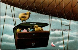 Chicks In Zeppelin Dirigeable Blimp Antique Easter Fantasy Postcard German - C915