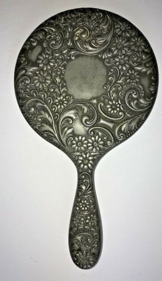 Antique Hand Held Victorian Silver? Beveled Glass Mirror