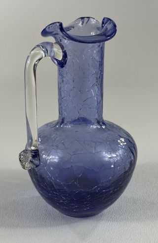 Antique 1960’s Blue Hand Blown Crackle Glass Pinched Rim - Mini Pitcher Height: 5”