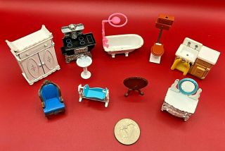 (10) Vintage 1980 Mattel Metal Die Cast Miniature Doll House Furniture Littles