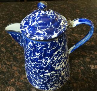 Antique Cobalt Blue & White Swirl Granite Ware Coffee Pot