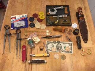 Vintage Antique Junk Drawer Knives,  Currency,  Micrometers,  Dividers