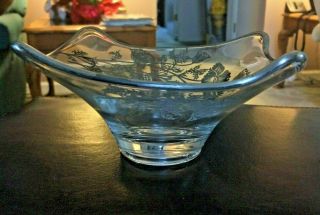 Crystal Glass Candy Dish With Silver Gray Flowers Etched On Sides