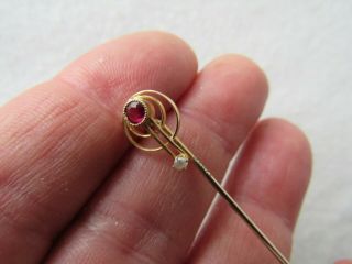 Antique Vintage 10 Kt.  Gold Red Garnet Or Ruby Seed Pearl Stick Pin