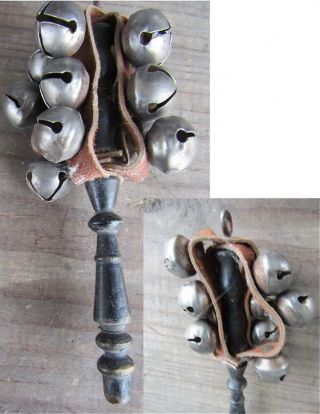 Antique 12 Strand Sleigh Bells On Wood Handle Santa Hand Held Ringer