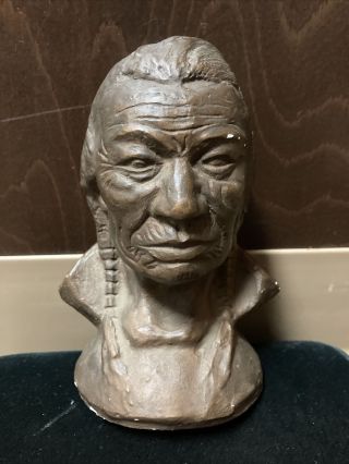 Antique Cigar Store?advert Native Indian Bust Chalkware Art Chief Bronze Clad