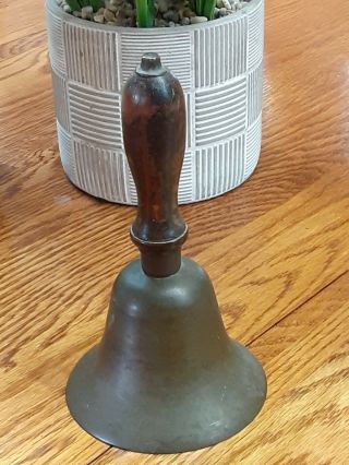 Vintage Antique Brass School Bell With Wooden Handle