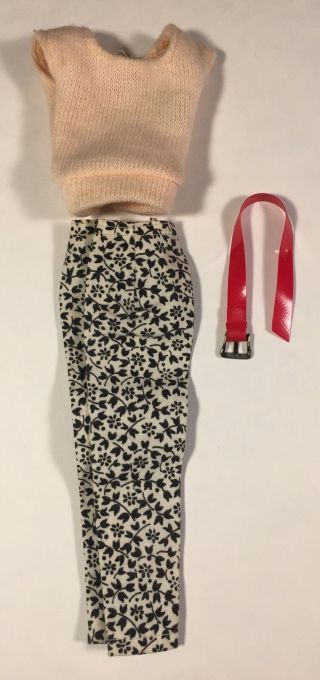 Vintage Barbie Black And White Floral Slacks,  Pink Sweater,  & Red Belt By Mattel