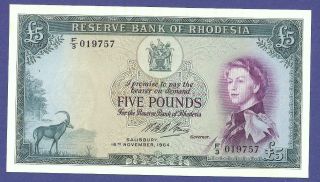 Rare Gem Uncirculated 5 Pounds 1964 Banknote From Rhodesia