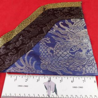 Antique Chinese Blue Silk Damask Weave Dragon Robe Remnant Fragment Fabric Trim 2