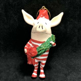 Olivia The Pig Ornament Candy Cane Striped Pajamas Wearing Christmas Wreath Rare