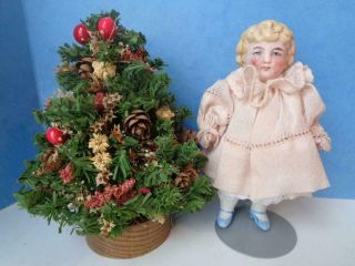 4.  5 " Antique Miniature Bisque German Dollhouse Doll Blue Painted Shoes Kestner ?
