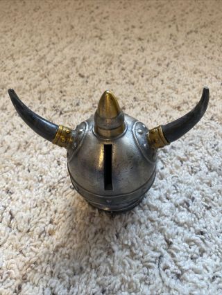 Antique Metal Coin Bank Medieval Viking Helmet With Horns