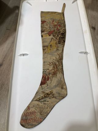 Antique Victorian Lithograph Christmas Stocking S.  H.  Howe 26” Linen Vintage Rare