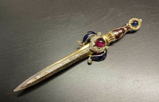 Rare Trifari Alfred Philippe 1940 Moghul Enamel 4.  5” Jeweled Sword Brooch,  Tlc