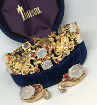 Rare Trifari Alfred Philippe Sterling Ruby Moonstone Bracelet And Earrings Set