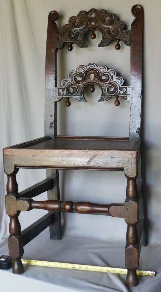 Rare 17th Century Oak Side Chair Yorkshire English Carved Heart Pendants Wedding
