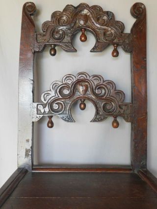 Rare 17th century Oak side chair Yorkshire English carved heart pendants wedding 4