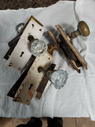 3 Antique Vintage Skeleton Key Door Set With Glass And Brass Knobs