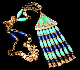 Rare Vintage Hattie Carnegie Goldtone Enamel Egyptian Revival 22 " X5 " Necklace