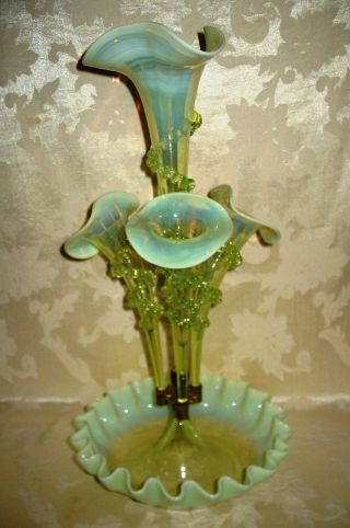 Rare Victorian Art Nouveau Vaseline Uranium 4 Horn Epergne 1890 