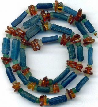 Roman Ancient Blue Glass Beads Encrusted Heishi Baltic Amber Centuries Old 22 "