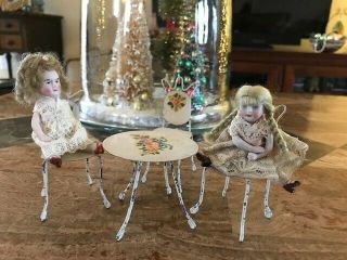 Vintage 1950s Dollhouse Bistro Table And Chairs W/roses
